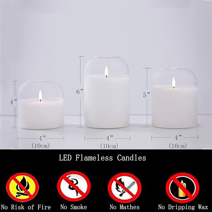 volnyus Clear Glass Flameless Candles with Remote Battery Operated Flickering LED Pillar Candles Real Wax Wick Φ 3"" H 4"" 5"" 6"", Gold