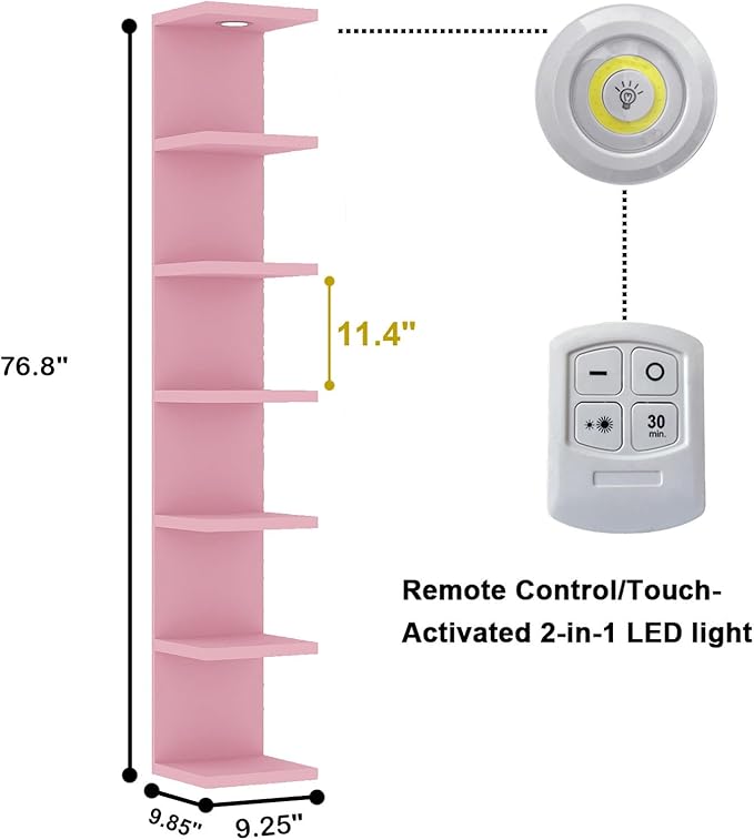 LitaEther Versatile 7 Tier Wall Shelf Unit,Pink Lack Wall Shelf,Display Floating Shelf with LED Remote Control Light