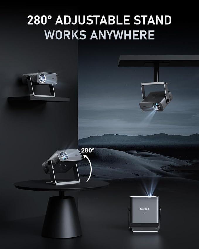 [Officially-Licensed App & Auto Focus] Light Grey Smart Standard Projector with WiFi and Bluetooth, XuanPad 4K Support Movie Projector, Portable Native 1080P Outdoor Projector with 360° Stand