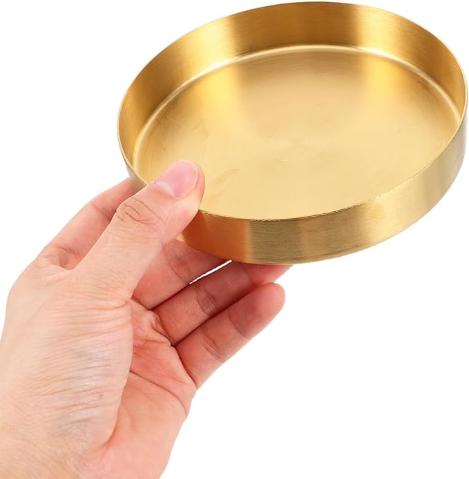 Gold Round Tray Coffee Table Tray Decorative Metal Candle Plate Stainless Steel Circle Serving Platter Spa Makeup Organizer Dish Farmhouse Centerpiece Home Bathroom Decor (Golden, 12.50CM)