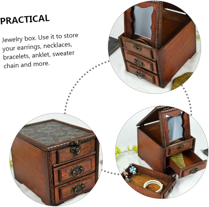 Cabilock Chinese Style Wooden Jewelry Box with Mirror Dust Jewelry Storage Holder for Rings Necklaces Earrings Practical Makeup Organizer Elegant Women