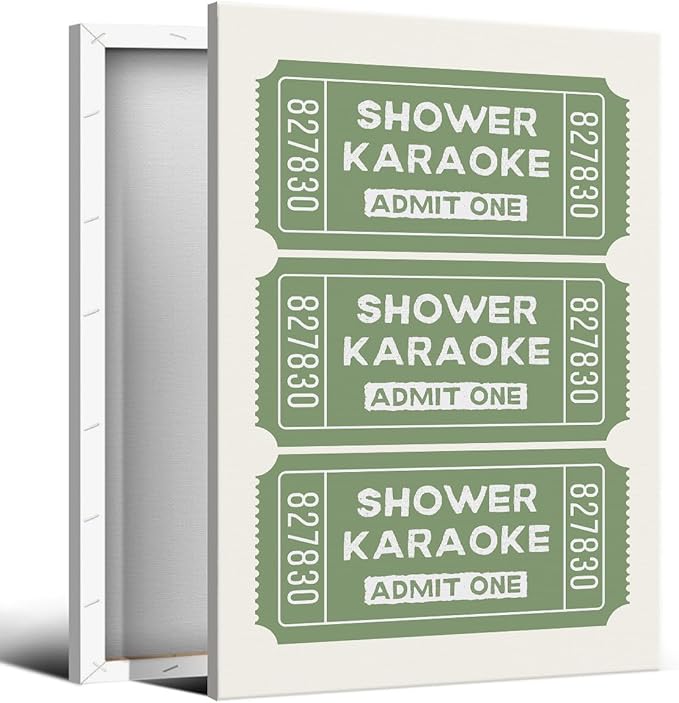 abrtolpffo Sage Green Shower Karaoke Wall Art, Trendy Admit One Ticket Canvas Poster, Funny Bathroom Wall Art Print, Cute Quotes Wall Decor for Restroom Guestroom 12x16in Wrapped Canvas