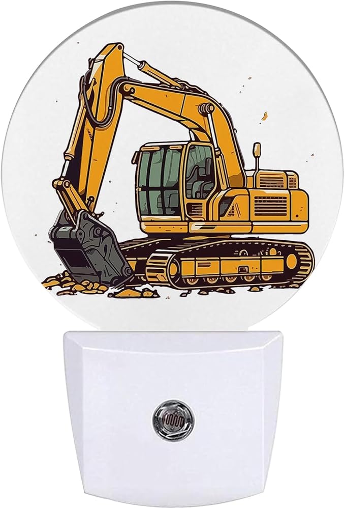 Cartoon Excavator Night Light Mechanical Construction Truck Night Lights LED Lamp Round Plug into Wall Nightlight with Dusk to Dawn Sensor Home Hallway Stairway Kitchen Decor