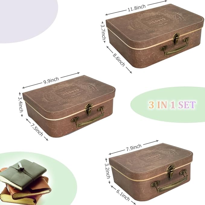 Vintage Decorative Storage Box Set of 3 with Lids, Keepsake & Photo Box, Brown Suitcase Memento Case