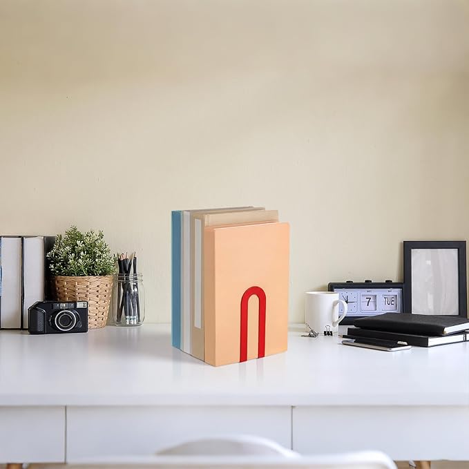 Chunful 2 Pcs Modern Metal Book Ends for Shelves Decorative Small Bookends Book Shelf Organizer Minimalist Design Stopper to Hold Books for Home Office (Red,5.5 * 3.75 * 2.25inch)
