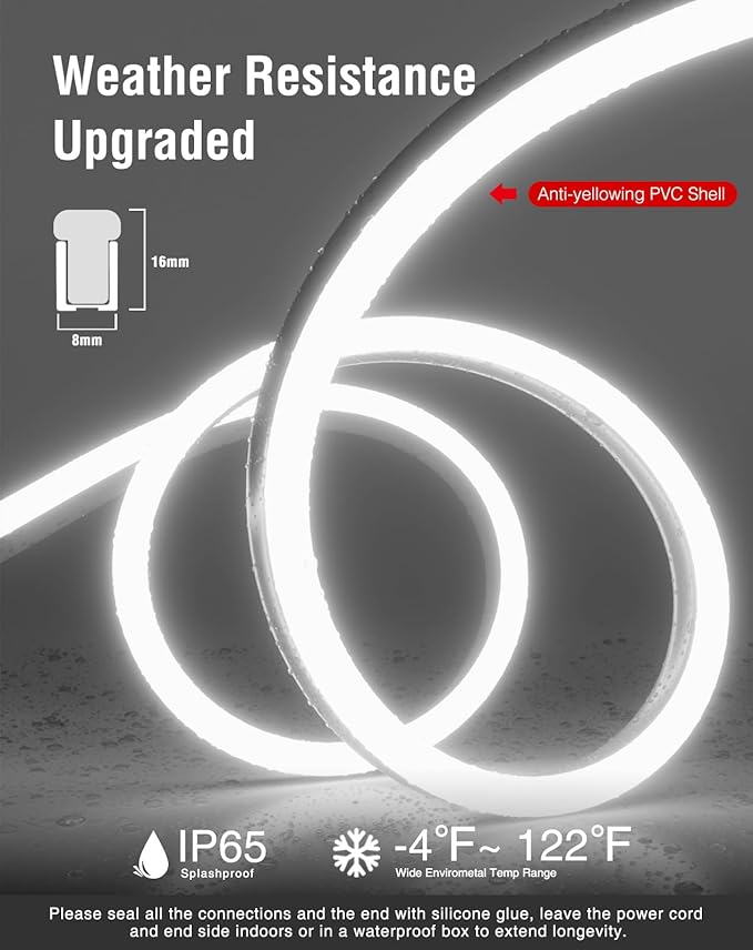 Shine Decor LED Neon Rope Lights AC 120V, Expandable & Cuttable 120LEDs/M Bright Strip Lighting, ETL Cold-Resistant & IP65 Waterproof for Indoor Outdoor, 8x16mm, 6300K Cool White, 32.8ft