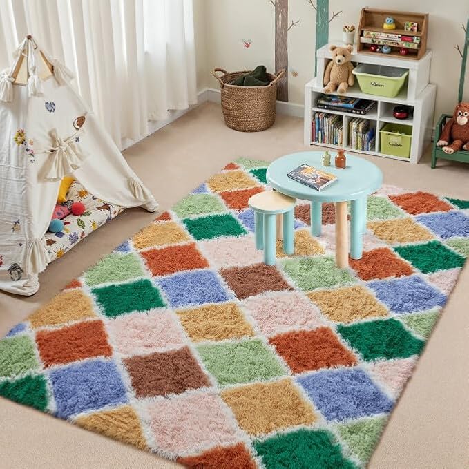PureCozy 4x6 Checkered Rug for Living Room Colorful Modern Soft Area Rug Fluffy Non-Slip Carpet for Bedroom Playroom Home Aesthetic Decor