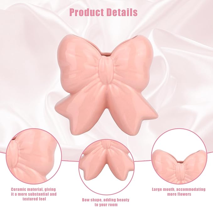 Pink Bow Ceramic Vase, Pink Ceramic Vase Pen Holder Makeup Brush Organizer for Home Office Decor
