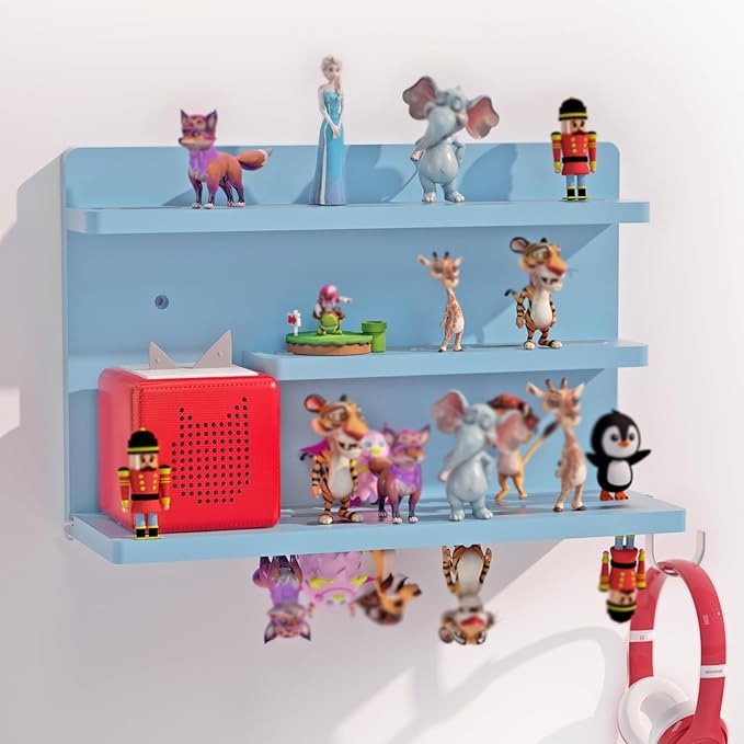 for Tonies Shelf Magnetic - Tonies Figure Organizer for Kids Room, Wooden Magnetic Display Shelf for Tonies Box Holder, Wall Floating Shelves Toy Storage Compatible Charging Station (3 Tier, Blue)