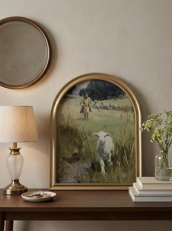 TwoDays Gold Vintage Christian Jesus Arched Wood Framed Wall Art – Jesus Leaves the 99 Sheep Canvas Picture, Religious Farmhouse Artwork Prints Wall Decor for Living Room, Bedroom (11" x 13.8")