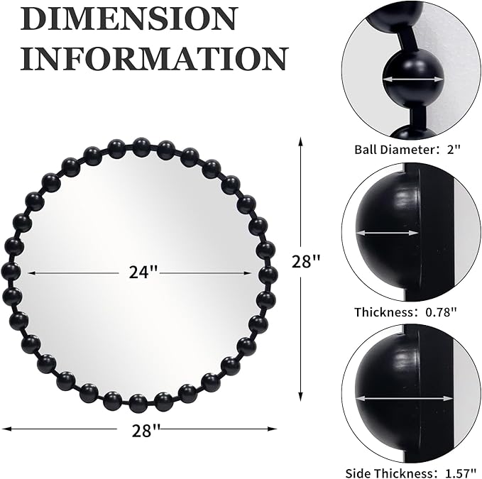 Round Black Mirror 28'', Spherical Frame Round Mirror for Living Room, Beaded Mirror for Bathroom, Dining Roon, Bed Room, Entryway