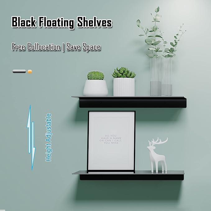 HNVNER Black Metal Wall Shelves, 15.7" (W), No Drilling, Adhesive Floating Wall Shelf for Living Room, Bedroom, Bathroom, Aluminium Shower Caddy (2 PCS)