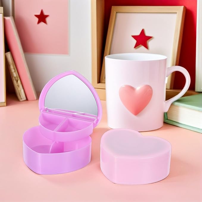 2pcs Heart-shaped Jewelry Box with Double-layer Plastic Organizer and Makeup Mirror, Small Trinket Storage Case for Hair Accessories and Teen Jewelry, Pink and Light Purple