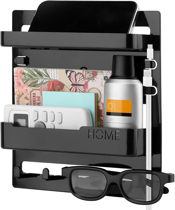 Bedside Shelf Wall Mount and Wall Nightstand for Bedroom,Adhesive Nightstand Wallshelf with 5 Hooks,Wall Mount Shelf Organizer for Charging Station and Remote Control Holder(Black)