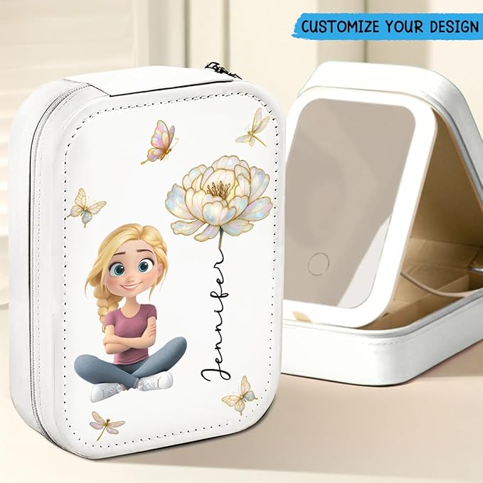 Wrappiness Floral Makeup Box With LED Mirror Gifts for Girl Woman - Personalized Birthmonth Flower Travel Jewelry Organizer Gift for Daughters Sisters on Birthday Christmas