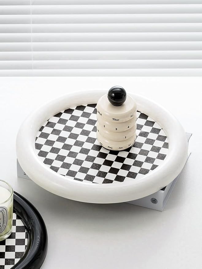 Ciandid Checkered Decorative Tray, Checkerboard Jewelry Tray Dresser Tray for Makeup Perfume Organizer, Aromatherapy Reed Diffuser Tray Vanity Tray for Bathroom(White)
