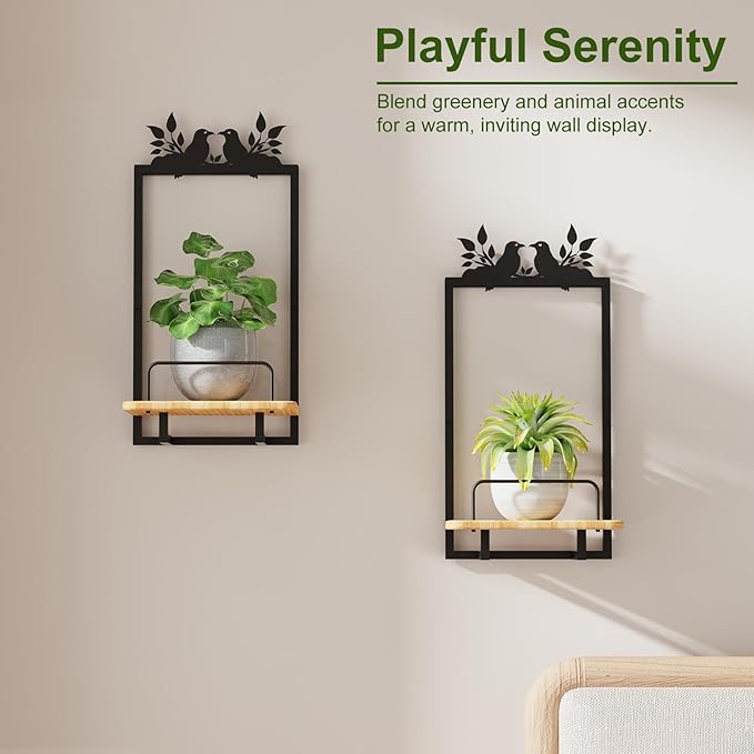 Shineled Wall Planter for Indoor Plants 2 Pack, Wall Mounted Plant Holder for Small Plants, Floating Wall Shelf for Plants, Real Oak Wood, Magnetic Animal Decor, Home Wall Decor (Bird)