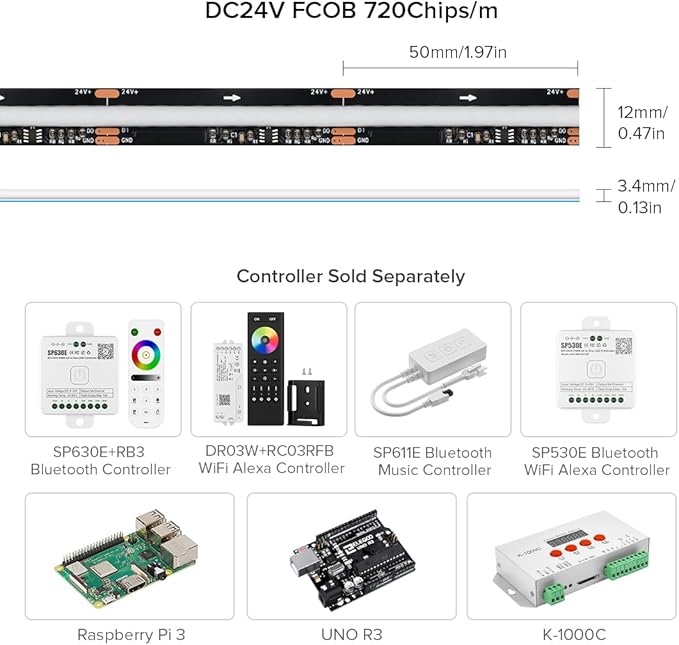BTF-LIGHTING FCOB WS2811 IC RGB COB LED Strip DC24V 720LED/m Flexible High Density Uniform Chasing Color Light 2X16.4FT Total 32.8FT 20IC/m 12mm Width Black PCB(No Adapter or Controller)