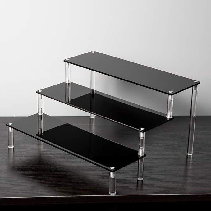 BYCY Black Acrylic Display Stand Perfume Display Stand, 3 Tier Desserts Holder,3 Tier Cupcake Display Risers Steps for Organizer and Decoration
