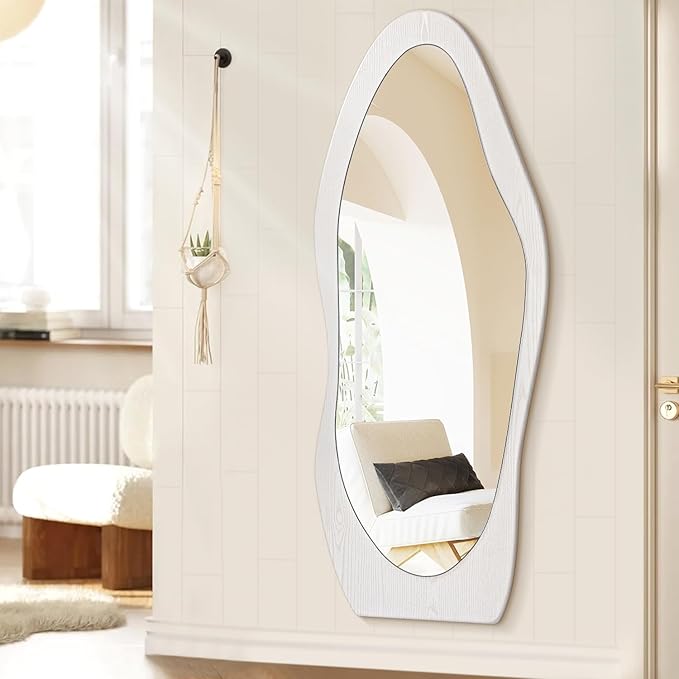 Wavy Mirror Wooden 59" x 24" Floor Mirror Full Length White Irregular Full Body Mirrors for Bedroom Cloakroom Living Room Entryway Hall