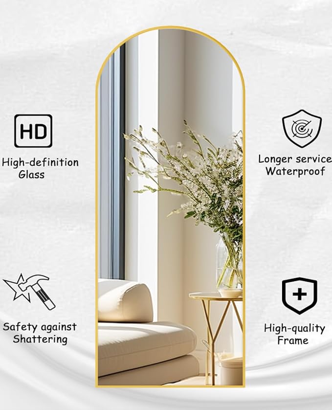 Rowjut Floor Full Length Mirror, Arched Mirrors Full Length 76"x34" Freestanding Large/with Aluminum Frame & Wall Mounted & Hanging or Leaning & Full Body Mirror for Bedroom, (Gold)