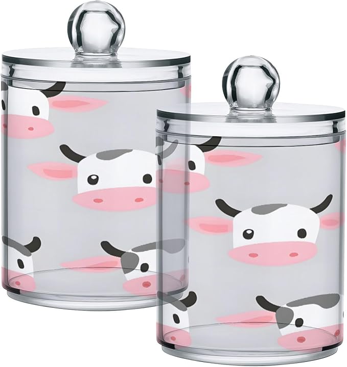 Nander 4Pack Cute Cartoon Cow Qtip Holder Dispenser -Clear Plastic Apothecary Jars Set - Restroom Bathroom Makeup Organizers Containers for Cotton Swab, Ball, Pads, Floss