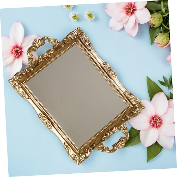Veemoon Vintage Carved Mirror Tray Nordic Style Golden Resin Decorative Storage Plate for Perfume Makeup Organizer Wedding Dessert Table