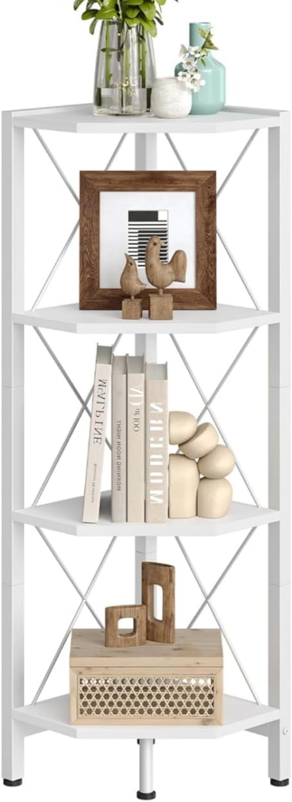 CHOEZON 4-Tier Corner Shelf, Corner Bookcase, 43.3" Tall Vertical Display Rack, Plant Stand, Open Storage Shelf, for Living Room, Bedroom, Study, Kitchen, White TCJ14WB