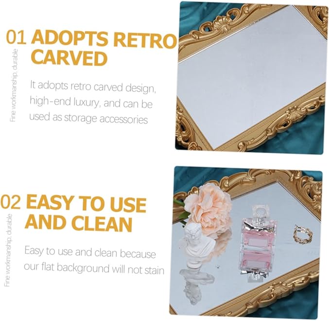Vintage Mirror Tray for Dresser Vanity Perfume and Makeup Organizer Tray with Decorative Mirror Plate for Bedroom and Bathroom Use