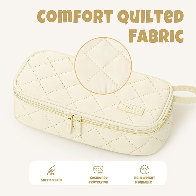 SUNEE Cute Pencil Case, Large Capacity Pencil Pouch Aesthetic Zipper Pencil Bag, Big Storage Pen Organizer for Stationery, Soft Quilted Pencil Box Back to School Supplies for Teen Girls Boys, Cream