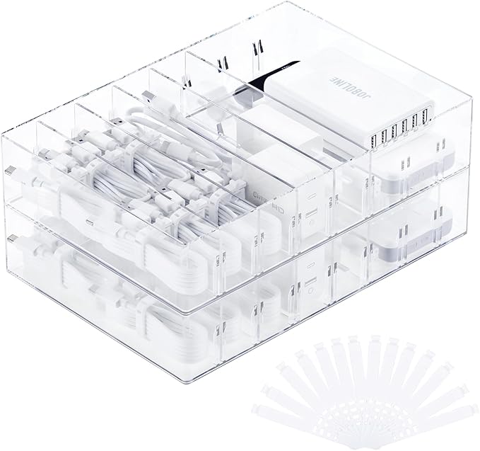 FRETONBA 2Pcs Cable Charger Organizer Box, Large Cords Storage Organizer with Adjustable Compartments and Wire Ties, Stackable Cord Organizer for Drawer - Clear
