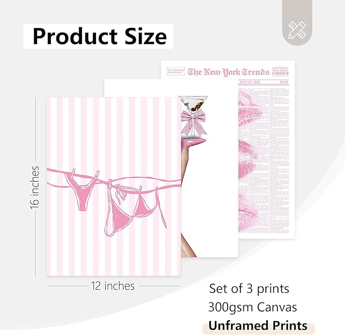 Pink Coquette Wall Art Decor Trendy Aesthetic Posters Preppy Funky Y2k Canvas Wall Art Decor Bow Girly Room Pictures Coquette Bikini Lips Prints Pink Artwork for Dorm Bedroom 12x16x3 Inch Unframed