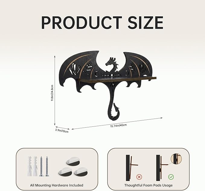 Gothic Evil Dragon Decor with LED Light Crystal Display Shelf for Wall, Wooden Witchy Shelf Rock Display Case Knick Knack Organizer Trinket Holder, Wall Hanging Shelves for Essential Oil & Nail Polish