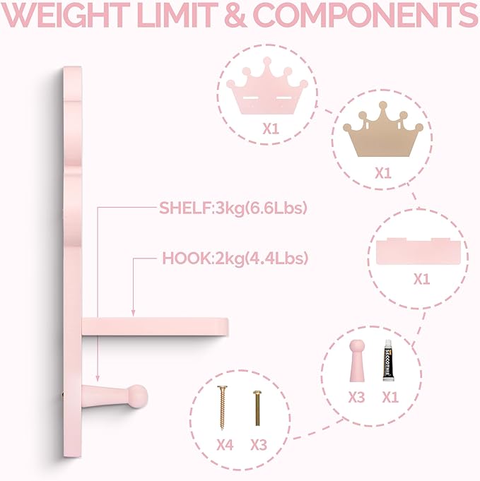 Pink Crown Floating Wall Shelf with Hooks, Princess Room Decor for Girls Bedroom, Nursery Organizer for Girls Room Storage