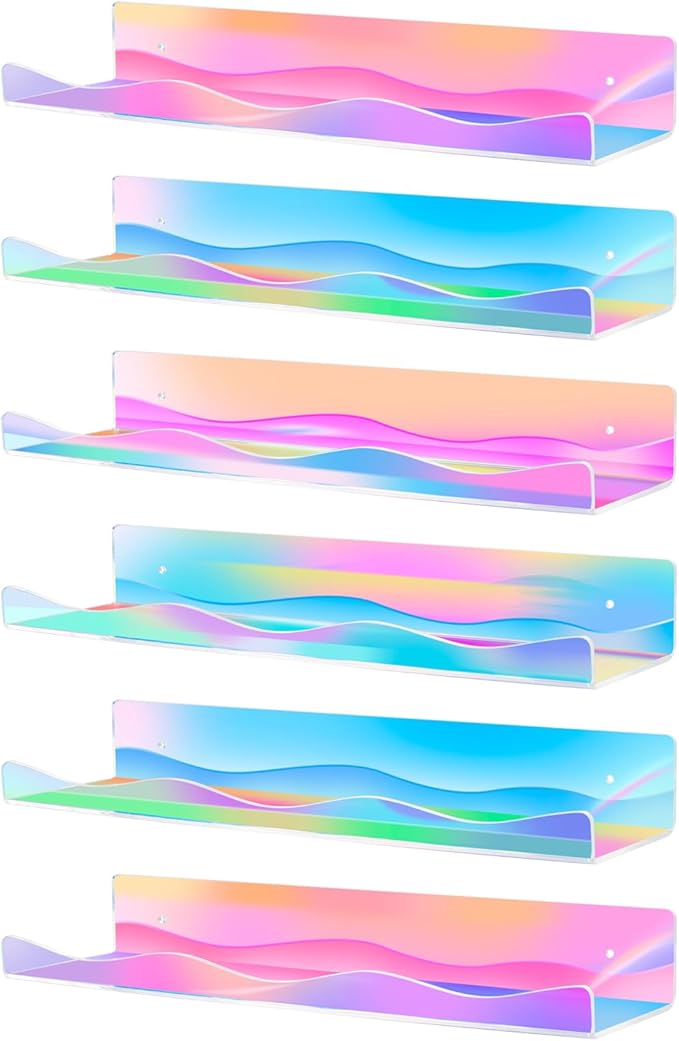 6 Pack Iridescent Acrylic Floating Shelves, 15.7" Clear Acrylic Display Shelves Bookshelf Wall Mounted, Bathroom Kids Room Home Storage Wall Decor Ledge Shelf for Skincare, Perfume, Nail Polish