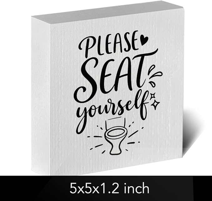 Funny Rustic Bathroom Decor Wooden Box Sign 5x5 Inch - "PLEASE SEAT yourself" Humorous Restroom Shelf Table Decor, Farmhouse Style Wall Countertop Ornament for Home Guest Bathroom Housewarming Gift