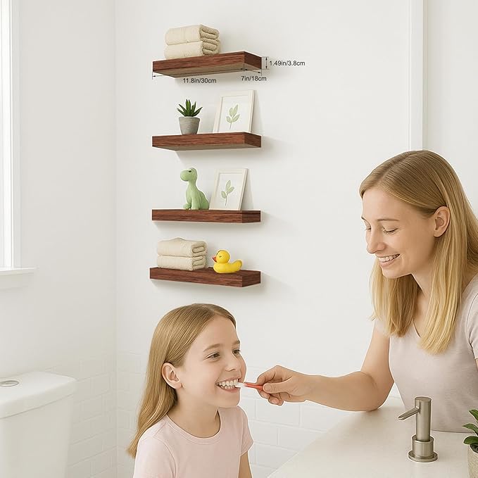 Floating Shelves for Wall, Bathroom Shelves Over Toilet, Wall Shelves & Book Shelf, Hanging Shelf, Modern Wooden Wall-Mounted Small Floating Shelves, 12x7x1.5 in (Walnut-Like, Set of 4)