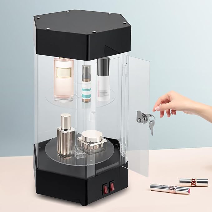 Electric Rotating Display Case, 2-Tier Acrylic, Clear Spinning Cabinet, LED Lights, Lock, Cosmetics, Figurines, Jewelry