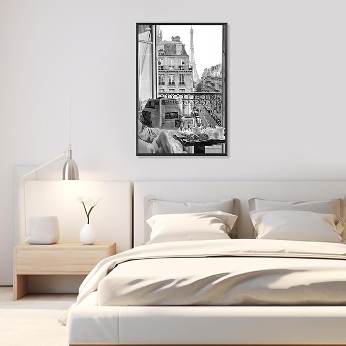 Vintage Girl Reading Newspaper Canvas Wall Art Eiffel Tower View Poster Retro Black And White Feminist Room Aesthetic Prints Painting For Home Bedroom Dorm Apartment Wall Decor 16x24in Framed