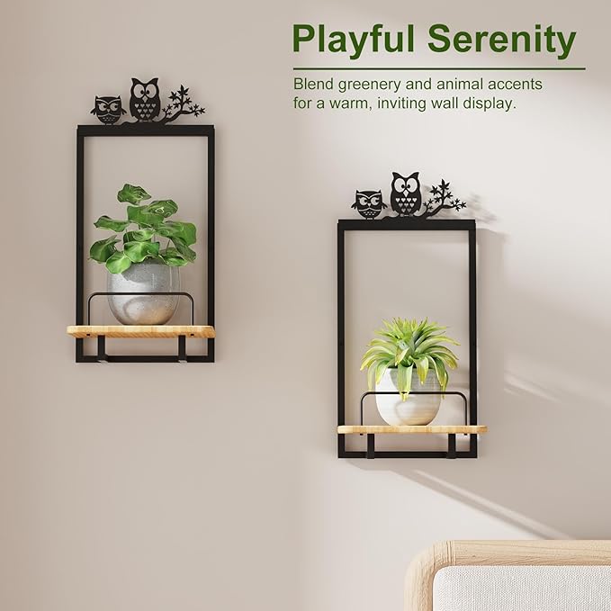Shineled Wall Planter for Indoor Plants 2 Pack, Wall Mounted Plant Holder for Small Plants, Floating Wall Shelf for Plants, Real Oak Wood, Magnetic Animal Decor, Home Wall Decor (OWL)