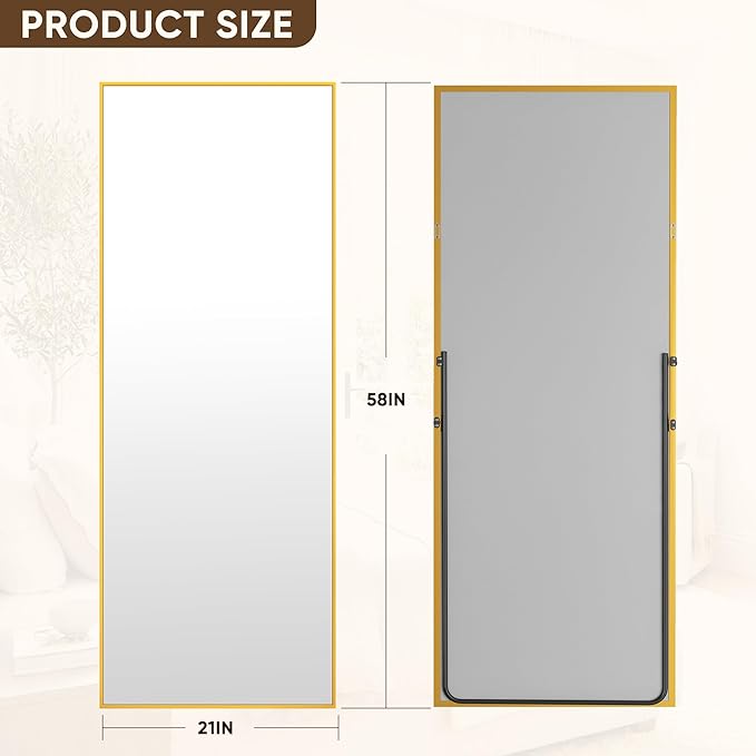 Antok Full Length Mirror, 58"x21" Floor Mirror with Stand, Hanging Mounted Mirrors for Bedroom, Living Room, Cloakroom, Dining Room, Gold, Rect