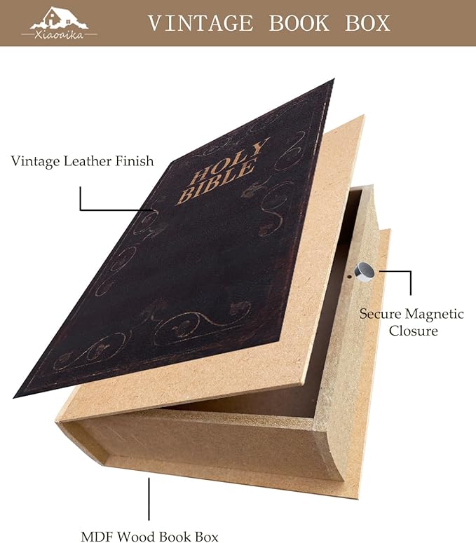 Decorative Wooden Book Box, Vintage Faux Book Boxes with Magnetic Closure, Secret Storage, Antique Look Leather Cover for Bookshelf or Office Decor (1 x Holy Bible)