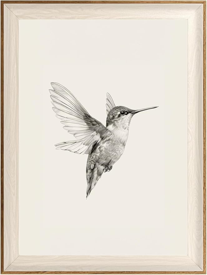 ASTRDECOR Hummingbird Wall Art Prints – Vintage Black and White Bird Sketch Painting Picture, Rustic Neutral Decor Canvas Wall Decor for Modern Home and Bedroom Decoration – Framed 12''x16''