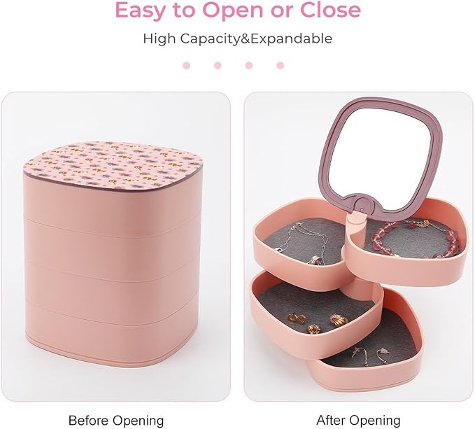 Ring Necklace Earring Organizer Holder Cavalier King Charles Spaniel Pink Floral Dog 4-Layers Rotatable Jewelry Organizer Storage Box with Mirror