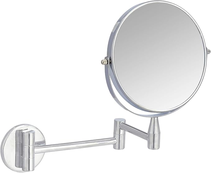 Amazon Basics Wall Mount Round Vanity Mirror with 360° Rotation, Double Sided, 1X/5X Magnification, Adjustable, 12.8"L x 10"W, Chrome