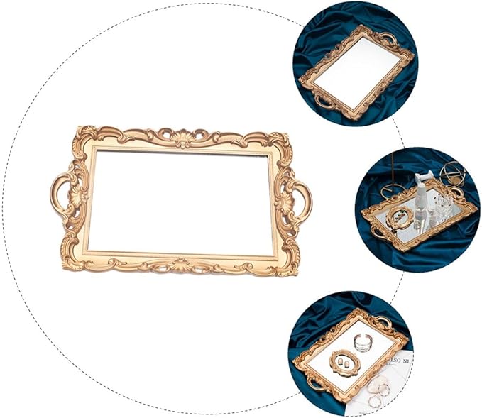 BESPORTBLE Retro Mirror Tray Decorative Makeup Organizer Cosmetic Storage Plate Golden Rectangular Photo Prop for Vanity and Perfume Display