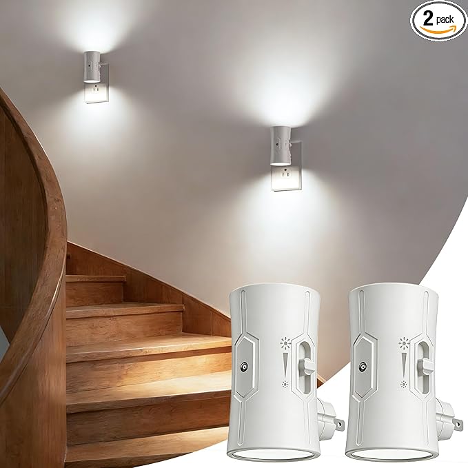 fesnne Night Light, LED Night Lights Plug into Wall, [2 Pack] White 0-100LM Adjustable Brightness Light Sensor Plug in Night Light for Hallway, Bathroom,Adult