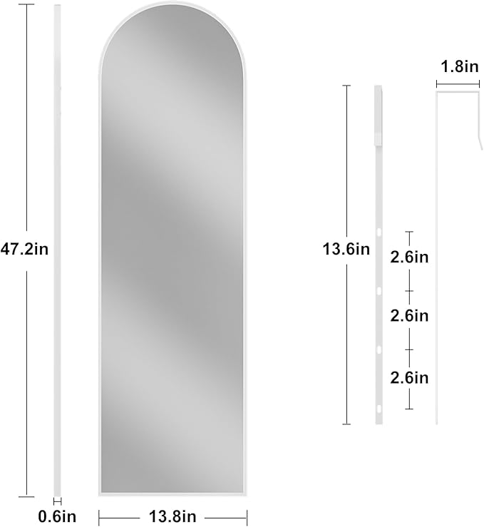 Rowjut Full Length Door Mirror, Wall Mounted Wall Mirror & 48"X14" Arched Behind Door & Full Length Mirrors for Use in Living Rooms, Rooms, Bedrooms, Cloakrooms, etc. (White)