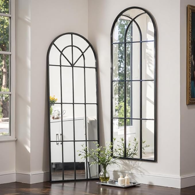 Rowjut Black Arched Wall Mirror 56“ x 22”,Wall Decorative & Window Mirror with Iron Framed Window Pane Inspiration, Ideal for Foyer, Living Room, Bedroom & Fireplace to Create a Cozy Home!