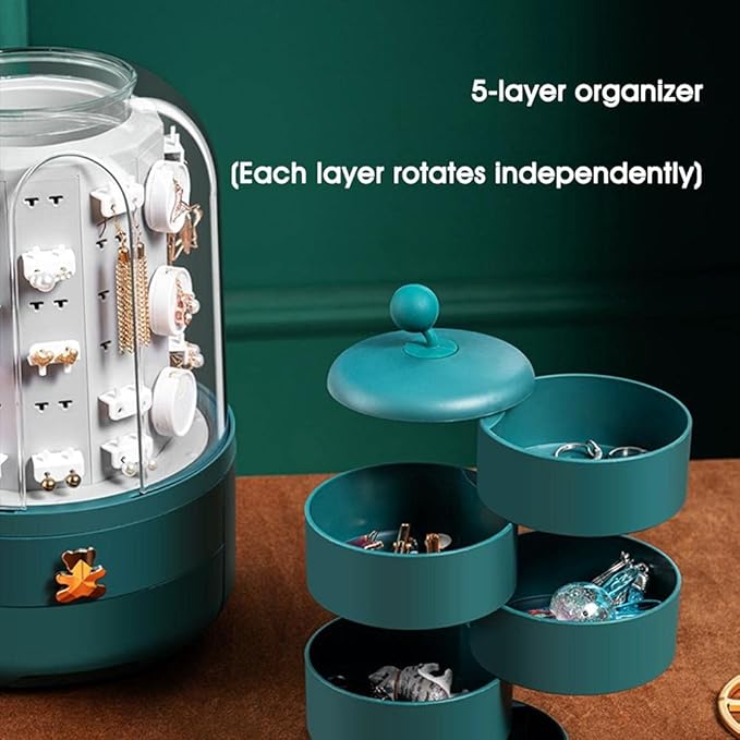 Makeup Storage Box Rotating Jewelry Organizer Earring Holders with 5-Layer Jewelry Box 2 Drawers Dust-Proof Cover Jewelry Box (Color : B)